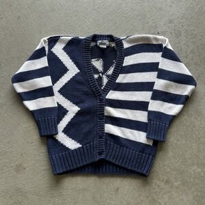 Vintage 90s Idioms Cardigan Sweater Size Large Navy Blue White Striped Geometric